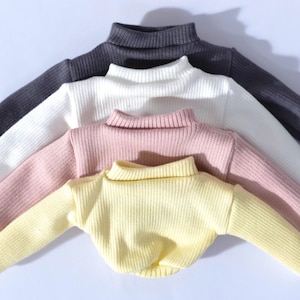Può includere: Quattro piccoli maglioni a collo alto in fila, ognuno di un colore pastello diverso. I colori sono grigio scuro, bianco, rosa chiaro e giallo pallido. I maglioni hanno maniche lunghe e una trama a coste.
