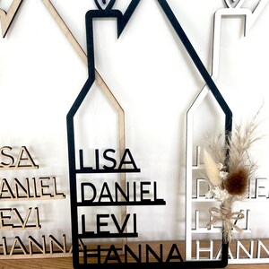May include: Wooden house-shaped wall decor with the names LISA, DANIEL, LEVI, and HANNA cut out. The house is black with a heart on top. Other houses in white and natural wood are also visible.