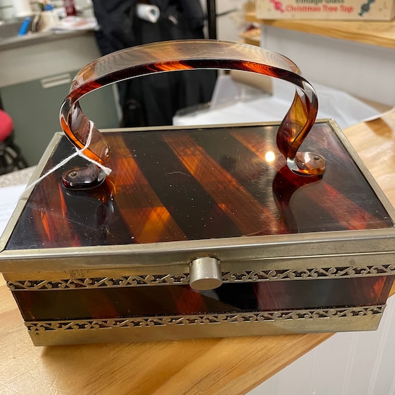 Vintage Tyrolean lucite purse retro tortoise strip
