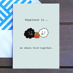 La felicidad es... / Compartimos comida juntos / Tarjeta de amor de pareja, San Valentín, Aniversario, Tarjeta de amor, Simple Lindo Doodle, 4x6