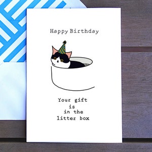 Cartão de aniversário engraçado, feliz aniversário, seu presente está na caixa de areia, gato, cartão para ele, ela, marido, esposa, mãe, pai, namorado, namorada