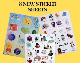 May include: Three sheets of colorful stickers with Islamic themes. The stickers feature illustrations of people, animals, and objects, along with Arabic text and English phrases like "You Got This", "You Matter", and "Bismillah".