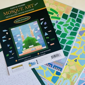 May include: Paint by stickers art kit featuring the Masjid an-Nabawi mosque in Medina, Saudi Arabia. The kit includes over 250 stickers and a 8x10 inch artwork size. The image shows a colorful illustration of the mosque with a green dome.