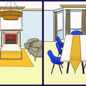 Pu&ograve; includere: Due stanze, una con un divano blu, due poltrone, un tavolino da caff&egrave; e un lampadario dorato, e l'altra con un tavolo bianco, sei sedie blu e un runner da tavolo giallo.
