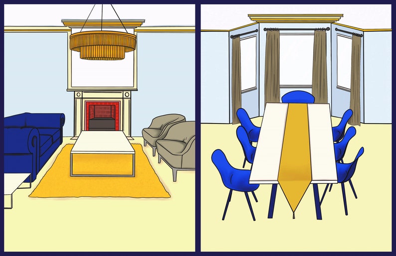 Pu&ograve; includere: Due stanze, una con un divano blu, due poltrone, un tavolino da caff&egrave; e un lampadario dorato, e l'altra con un tavolo bianco, sei sedie blu e un runner da tavolo giallo.