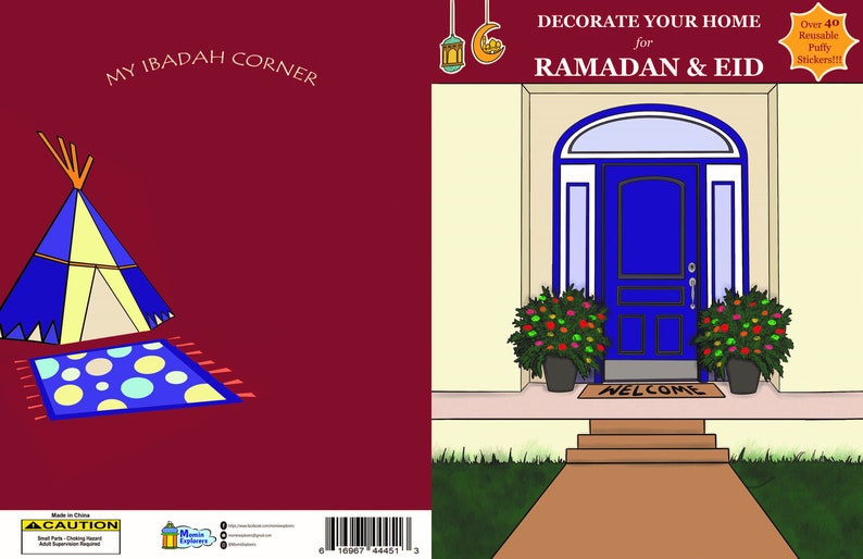 Pu&ograve; includere: Una copertina di libro con una porta blu e un tappetino di benvenuto. Il libro &egrave; intitolato "Decora la tua casa per Ramadan & Eid" e include oltre 40 adesivi gonfiabili riutilizzabili. La copertina posteriore mostra una tenda blu e gialla con un tappeto a pois.
