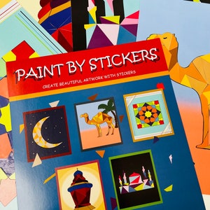 May include: Paint by Stickers activity book with a colorful cover featuring a crescent moon, a camel, a geometric pattern, a lantern, and a mosque. The book is 8 inches by 10 inches and includes a mess-free activity.