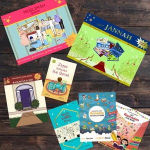 Op de afbeelding: Een verzameling van zes kinderboeken met kleurrijke omslagen met illustraties van mensen, gebouwen en landschappen. De boeken zijn getiteld "Muslimah Dress-Up", "Versier je huis Ramadan & Eid", "Zayan ontgrendelt de Koran", "Betreed Jannah", "Moslim Meisje Power", "Ramadan Activiteitenboek" en "Mijn Ramadan Plezierboek".