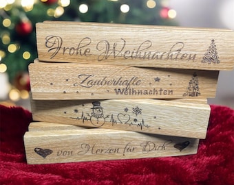 Fotohalter/ Kartenhalter zu Weihnachten mit  individueller Gravur aus hochwertigem Eichenholz , schneller Versand, Geschenk, Klötzchen Deko