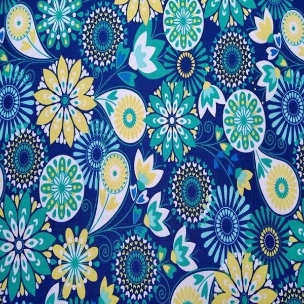 Floral Medallions quilt cotton fabric, floral cotton, blue quilters cotton, quilt fabric, blue fabric, blue and yellow, fabric by the yard