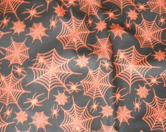 Halloween Spiderwebs Cotton Fabric, Black and Orange, Quilting Fabric by the Yard