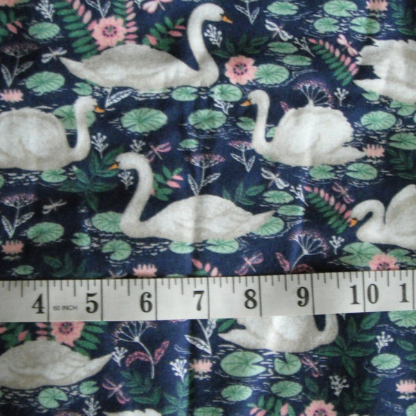 Swans and Lily Pads Flannel Fabric on Navy, Swans fabric, cotton flannel, soft flannel cotton, quilting fabric, sewing supplies, Victorian