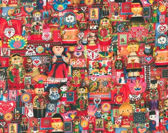 May include: A colorful fabric featuring a repeating pattern of Russian nesting dolls, or matryoshka dolls, in various sizes and designs. The fabric is red with white, blue, and yellow accents. The dolls are painted with traditional Russian folk art designs.