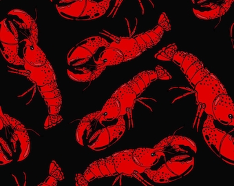 Red Lobster Fabric, Maine Coast Cotton, Black Background, Quilting Fabric