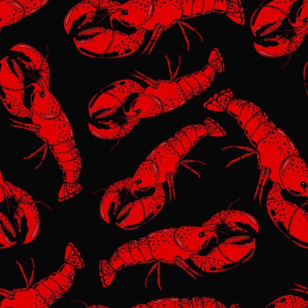 Red Lobsters on black cotton fabric, fabric by the yard, lobsters fabric, Maine lobster fabric, red and black, quilting fabric, fabrics