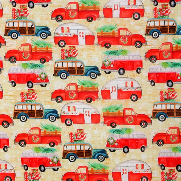 Red Truck Vw Christmas Fabric Etsy