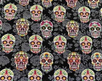 Sugar Skulls Fabric on Black Floral Cotton