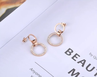 Double Circle Crystal Earrings - Minimalist Earrings - Dangle Hoop Earrings - Rose Gold Earrings - Open Circle Earrings - Round Earrings