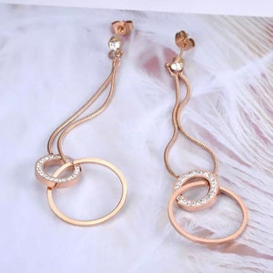 Double Circle Crystal Earrings - Long Drop Earrings - Dangle Hoop Earrings - Rose Gold Earrings - Open Circle Earrings - Round Earrings