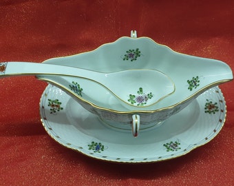 HEREND Queen Victoria Gravy Boat with Stand & Serving Spoon,Handpainted Porcelain,Herend Wedding Gifts,Hungarian Tableware,Fine Dinnerware