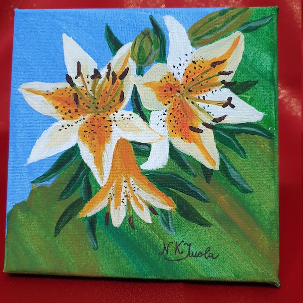 White Lily Original Acrylic Painting on 15x15cm Canvas,Artwork in Acrylic,Floral Still Life,Floral Wall Art,Wall Decor for Living Room