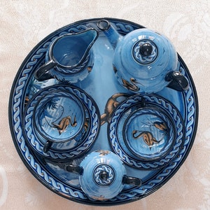 Blau Handbemalt Majolica Mengaroni Molaroni M.A.P. Made in Italy,Fine Art Pottery,Griffin Bird Blue 2 Personen Kaffee Set,Italienische Keramik