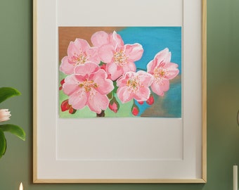 山の周りの桜、アクリル画風景春のアート、ピンクの花のアート、小さな