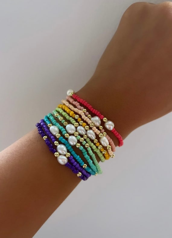 Rainbow Colored Pearl Bracelets Love Beaded Soft Clay - Temu