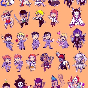 May include: A collection of cartoon illustrations of various anime and manga characters. The characters are depicted in a chibi style, with exaggerated features and poses. The color palette is bright and varied, with each character having a unique design.