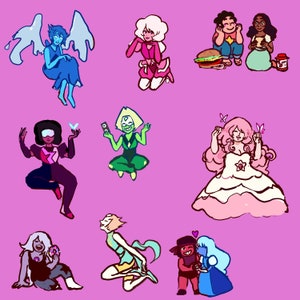 Set di adesivi Steven Universe: lapislazzuli, ametista, granato, perla, diamante rosa, quarzo rosa, Connie, peridoto