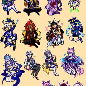 May include: A collection of fourteen stylized digital character illustrations featuring various figures in colorful outfits, dynamic poses, and expressive facial features, arranged in a grid on a solid light beige background.