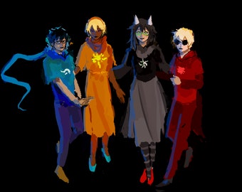 May include: Illustration of four figures in colorful outfits against a black background. One figure wears blue, another orange, a third black and gray, and the last red. Each has a symbol on their clothing. The style is reminiscent of digital art.