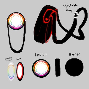 May include: A black shoulder bag with a rainbow-colored circular design on the front. The bag has an adjustable strap and a plastic cover. The design is repeated on the front and back of the bag. The word "FRONT" is written below the bag.