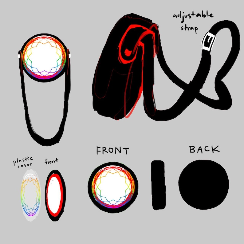 May include: A black shoulder bag with a rainbow-colored circular design on the front. The bag has an adjustable strap and a plastic cover. The design is repeated on the front and back of the bag. The word "FRONT" is written below the bag.