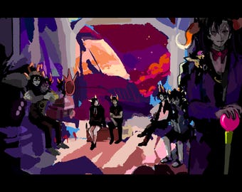 May include: A group of cartoon characters in a dark, fantasy setting. The characters are wearing colorful clothing and have horns. The background is a purple and orange sky with stars.