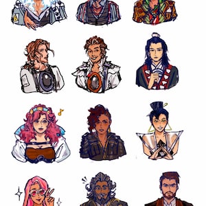 Op de afbeelding: Een verzameling van twaalf gestileerde karakterportretten, elk met unieke kapsels en kleding. De illustraties tonen een verscheidenheid aan kleuren en ontwerpen, wat wijst op een fantasie- of artistiek thema. De portretten hebben gevarieerde uitdrukkingen.