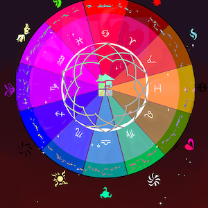 Puede incluir: Un gráfico circular de la rueda del zodiaco con doce segmentos de colores vibrantes, cada uno marcado con un símbolo astrológico único. Un patrón de líneas geométricas blancas se superpone al centro, que contiene un icono de casa.