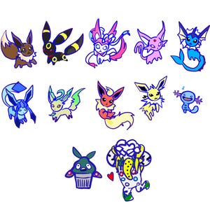 Puede incluir: Una ilustraci&oacute;n digital que presenta una colecci&oacute;n de coloridas criaturas de dibujos animados, incluyendo varias evoluciones de Eevee como Vaporeon, Jolteon, Flareon, Espeon, Umbreon, Leafeon, Glaceon y Sylveon, junto a un Wooper, una criatura verde y una figura blanca.