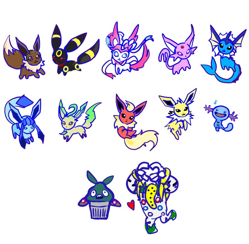 Puede incluir: Una ilustraci&oacute;n digital que presenta una colecci&oacute;n de coloridas criaturas de dibujos animados, incluyendo varias evoluciones de Eevee como Vaporeon, Jolteon, Flareon, Espeon, Umbreon, Leafeon, Glaceon y Sylveon, junto a un Wooper, una criatura verde y una figura blanca.