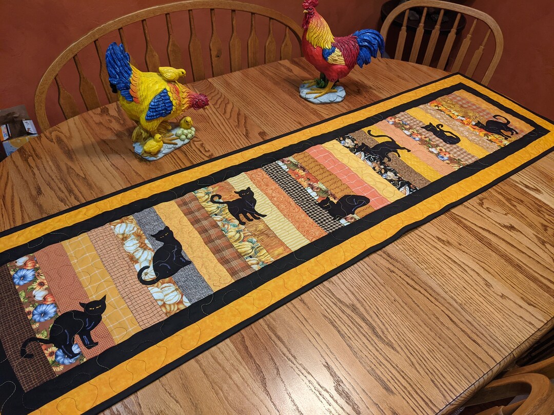 Halloween Black Cat Quilted Table Runner: Fall Kitchen Decor (62x16) - Etsy