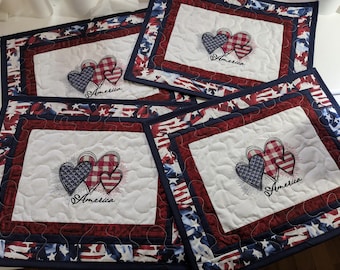 Embroidered America Hearts Placemats Set: Red White and Blue - Made as Ordered