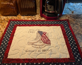 Embroidered Patriotic Quilted Dish Drying Mat: Home of the Free because of the Brave - Made as Ordered