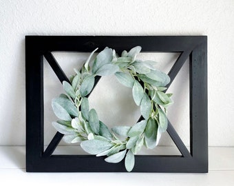 Farmhouse window frame with wreath | window with wreath | vintage wooden window frame | black farmhouse window frame