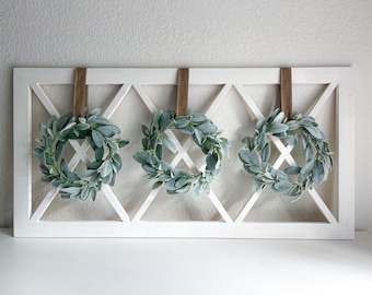 Farmhouse window frame with wreaths | window with wreaths | vintage wood window | farmhouse wall decor | whitewash window