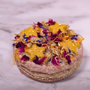 May include: A round dog treat with a pink base and a layer of brown on top. The treat is topped with dried flowers in shades of pink, yellow, and blue.