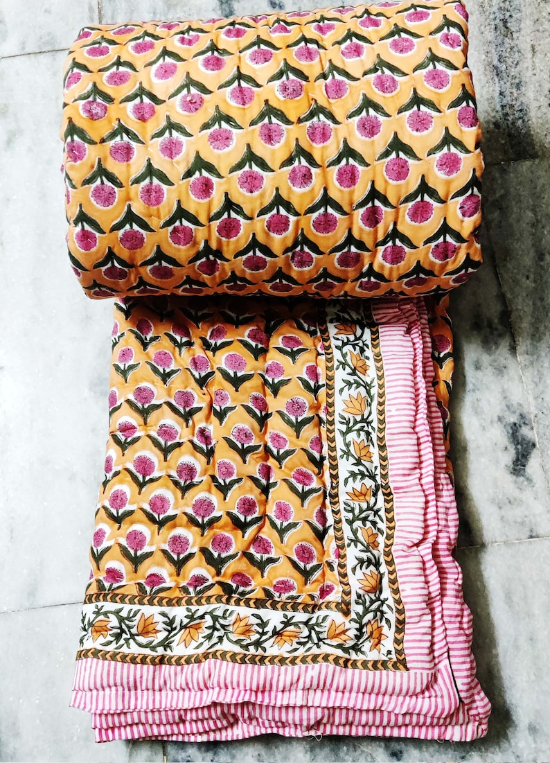 Handmade Floral Block Print Reversible Cotton Quilt Winter - Etsy