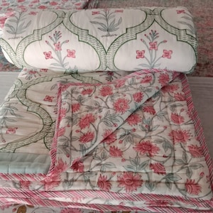 US King Size Razai Quilt, Jaipuri Print Quilt Razai Blanket, New Floral Block Print Reversible Cotton Quilt, Winter Warm Quilt Bedspreads
