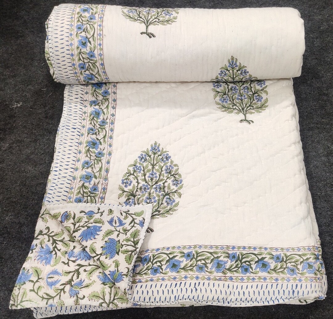 US King Size Razai Quilt, Jaipuri Print Quilt Razai Blanket, New Floral Block Print Reversible