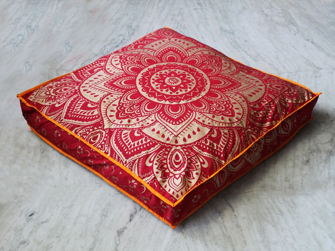 Large Square Floor Pillow Covers Throw Large Indian Red Gold Etsy
