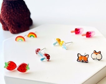 1 pair of cute little strawberry stud earrings, corgi dog stud earrings, rainbow stud earrings, red/yellow mushroom stud earrings, popsicle stud earrings